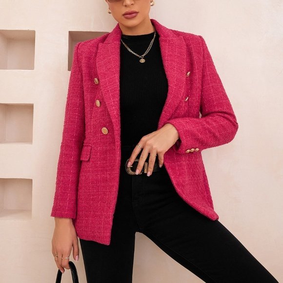 . Jackets & Blazers - Pink Preppy Womens Lapel Collar Double Breasted Blazer Workwear